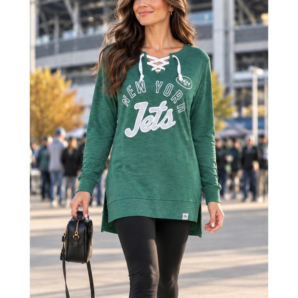 Majestic NY Jets NFL Lace Up Tunic Sweatshirt Women's L NWT Heathered Green